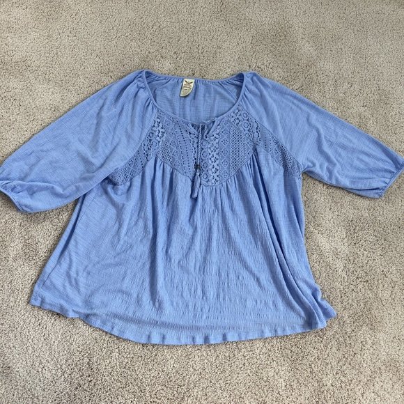 Faded Glory Womans Blouse Top 2X 18W 20W Blue 3/4 Sleeve Embroidered Tassels - Picture 6 of 12